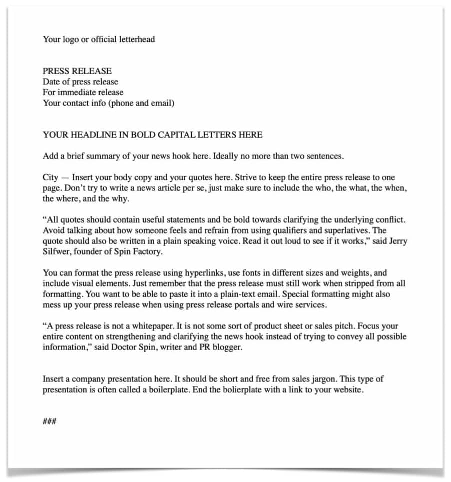 press release | Publicity Work | Doctor Spin Classic Press Release Template - Public Relations
